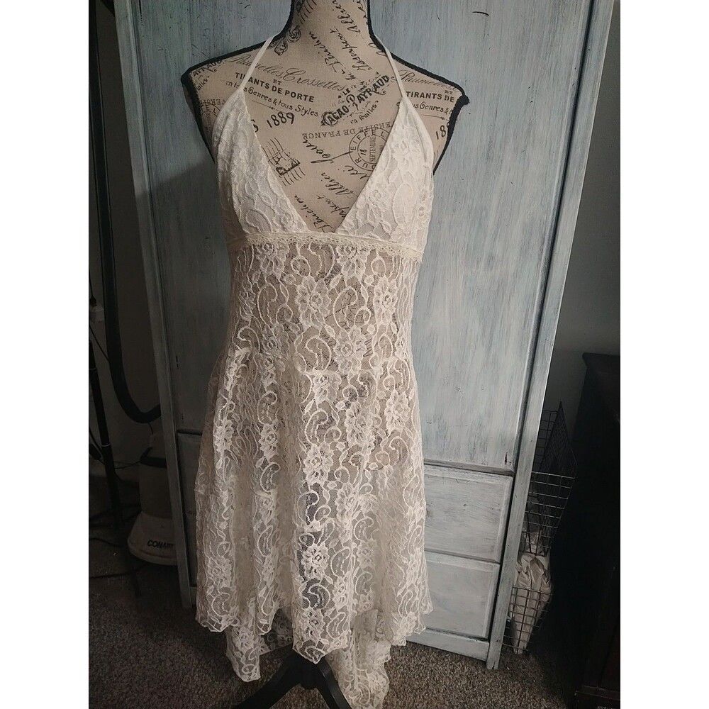 Lace Halter High Low Dress Cream Md Vintage Lace Y2K Boho Cottage Core Feminine